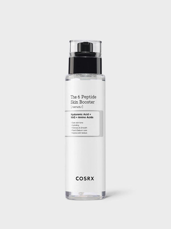 COSRX The 6 Peptide Skin Booster Serum bottle on white background, featuring minimalist design and labeled ingredients Hyaluronic Acid, NAG, and Amino Acids; Korean all-in-one first-step serum formulated to improve firmness, glow, and skin texture for sensitive skin.