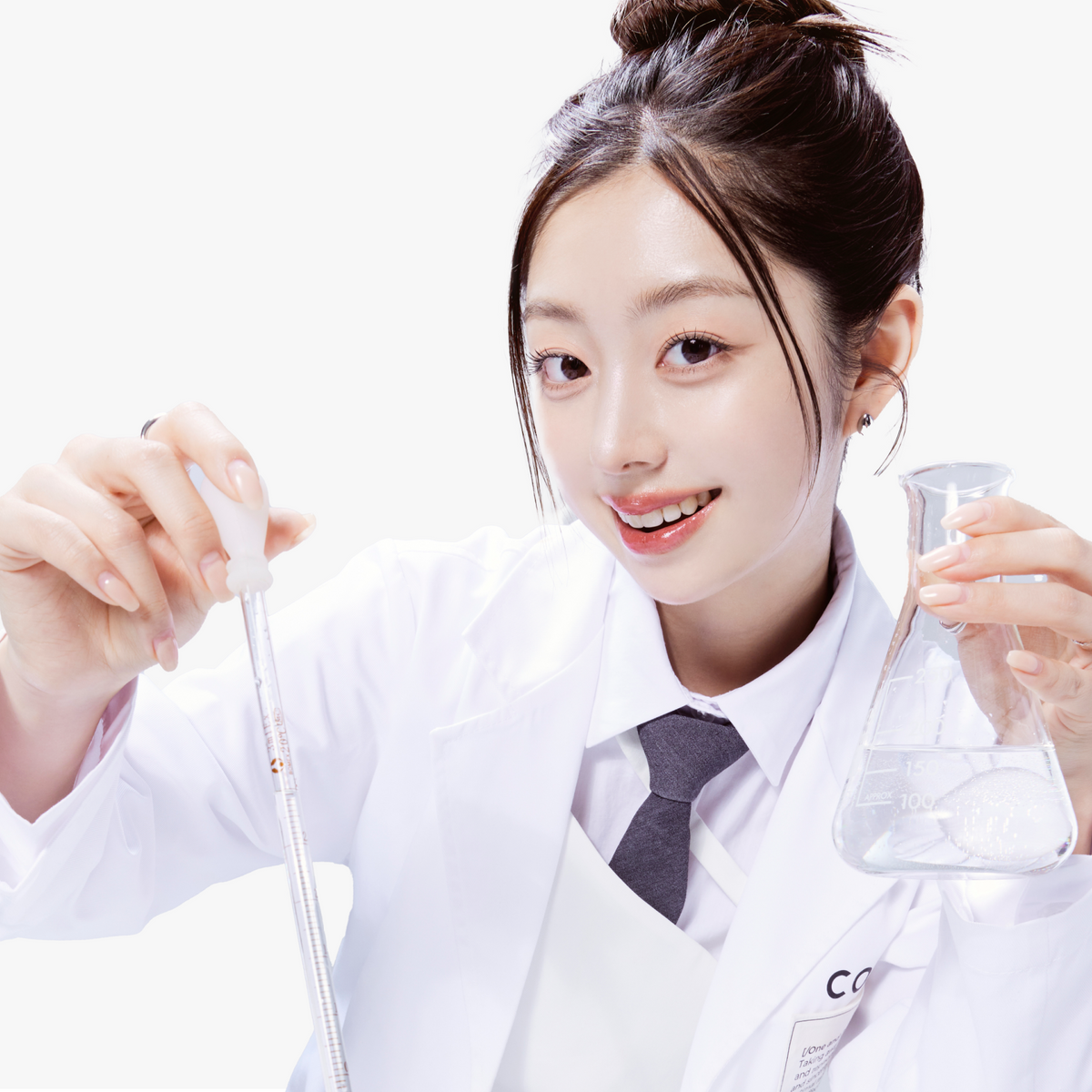 Model with smooth, hydrated skin holding chemistry equipment for the COSRX The 6 Peptide Skin Booster Serum against a white background; peptide-infused first-step serum formulated to improve firmness, glow, and balance for all skin types including sensitive skin, part of COSRX clinical skincare line.