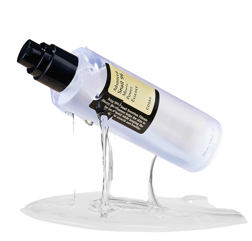 COSRX Advanced Snail 96 Mucin Power Essence bottle shown with translucent serum flowing from the pump, captured against a clean white surface; visually representing its high concentration of snail mucin for intense hydration, barrier repair, and radiant, firm skin improvement.