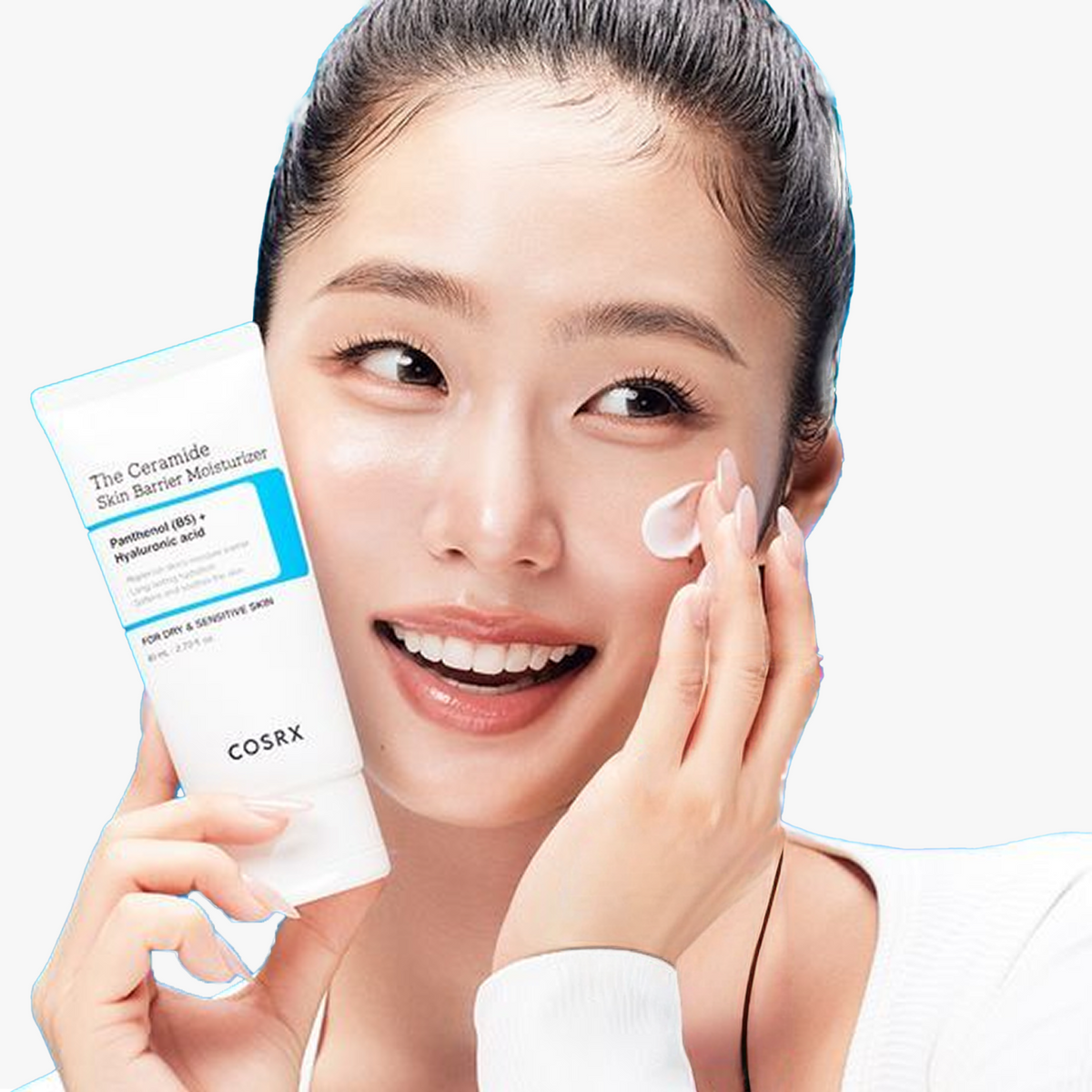 Smiling model applying COSRX The Ceramide Skin Barrier Moisturizer while holding the tube, showcasing its lightweight creamy texture during a daily skincare routine. Enriched with Ceramides, Cholesterol, Fatty Acids, Panthenol (B5), and 5 types of Hyaluronic Acid, this Korean moisturizer strengthens the skin barrier, deeply hydrates, and soothes dryness, making it ideal for smooth, glowing skin prep before makeup.