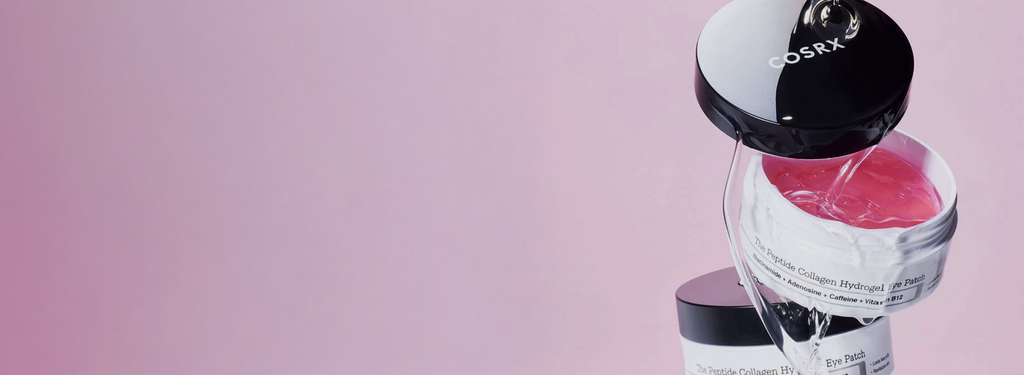 COSRX The Peptide Collagen Hydrogel Eye Patch stacked jars with pink hydrogel texture being poured, promoting gentle daily use for under-eye puffiness, dark circles, and fine lines; clinically backed peptide and collagen formula proven to support youthful-looking, firm, and radiant skin.
