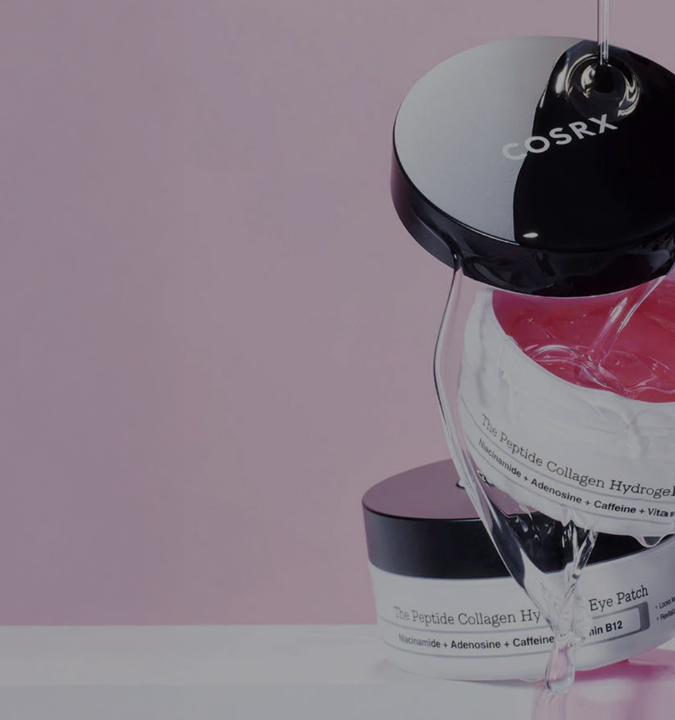COSRX The Peptide Collagen Hydrogel Eye Patch stacked jars with pink hydrogel texture being poured, promoting gentle daily use for under-eye puffiness, dark circles, and fine lines; clinically backed peptide and collagen formula proven to support youthful-looking, firm, and radiant skin.
