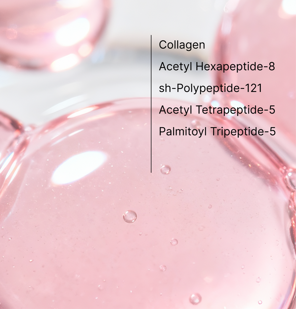 Close-up of pink hydrogel texture with COSRX formula details showing collagen, Acetyl Hexapeptide-8, sh-Polypeptide-121, Acetyl Tetrapeptide-5, and Palmitoyl Tripeptide-5; four multifunctional peptides and low molecular collagen clinically shown to firm skin and smooth the appearance of fine lines around eyes.