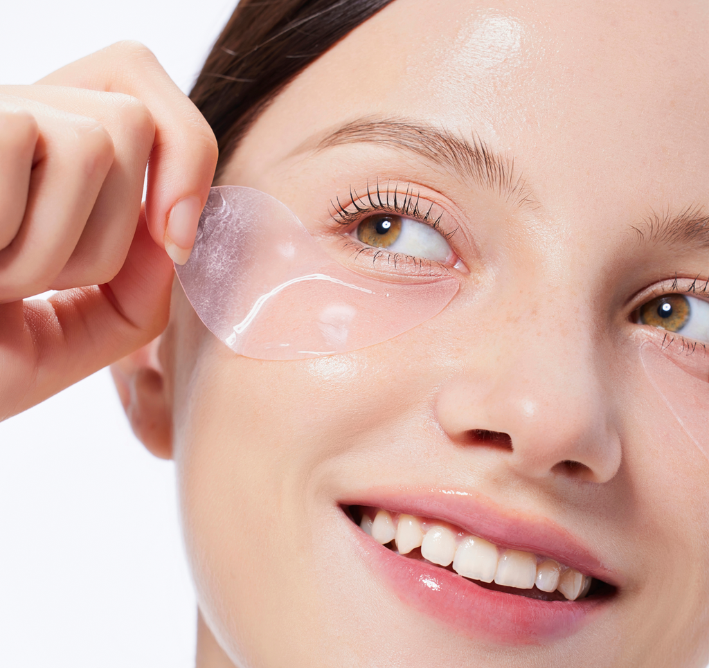 Model applying COSRX The Peptide Collagen Hydrogel Eye Patch under her eye, showing translucent pink hydrogel texture that hydrates, brightens, and reduces puffiness; infused with peptides, collagen, and caffeine to firm skin and improve the appearance of dark circles for refreshed under-eye appearance.