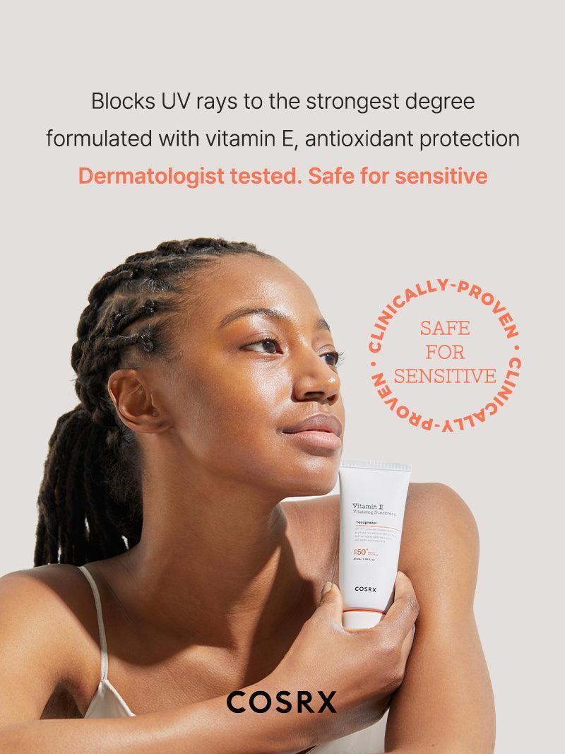 COSRX Vitamin E Sunscreen SPF 50+ | Dewy Finish, No White Cast